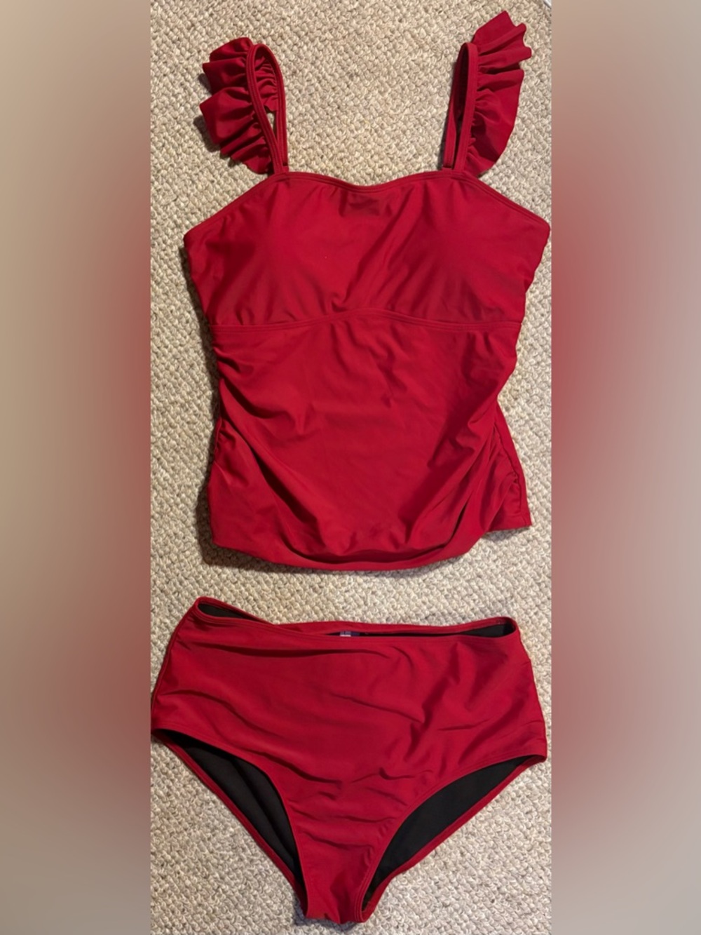 Kate Kasin Red Ruffle Strap Tankini Set High Waisted Bottoms Size L